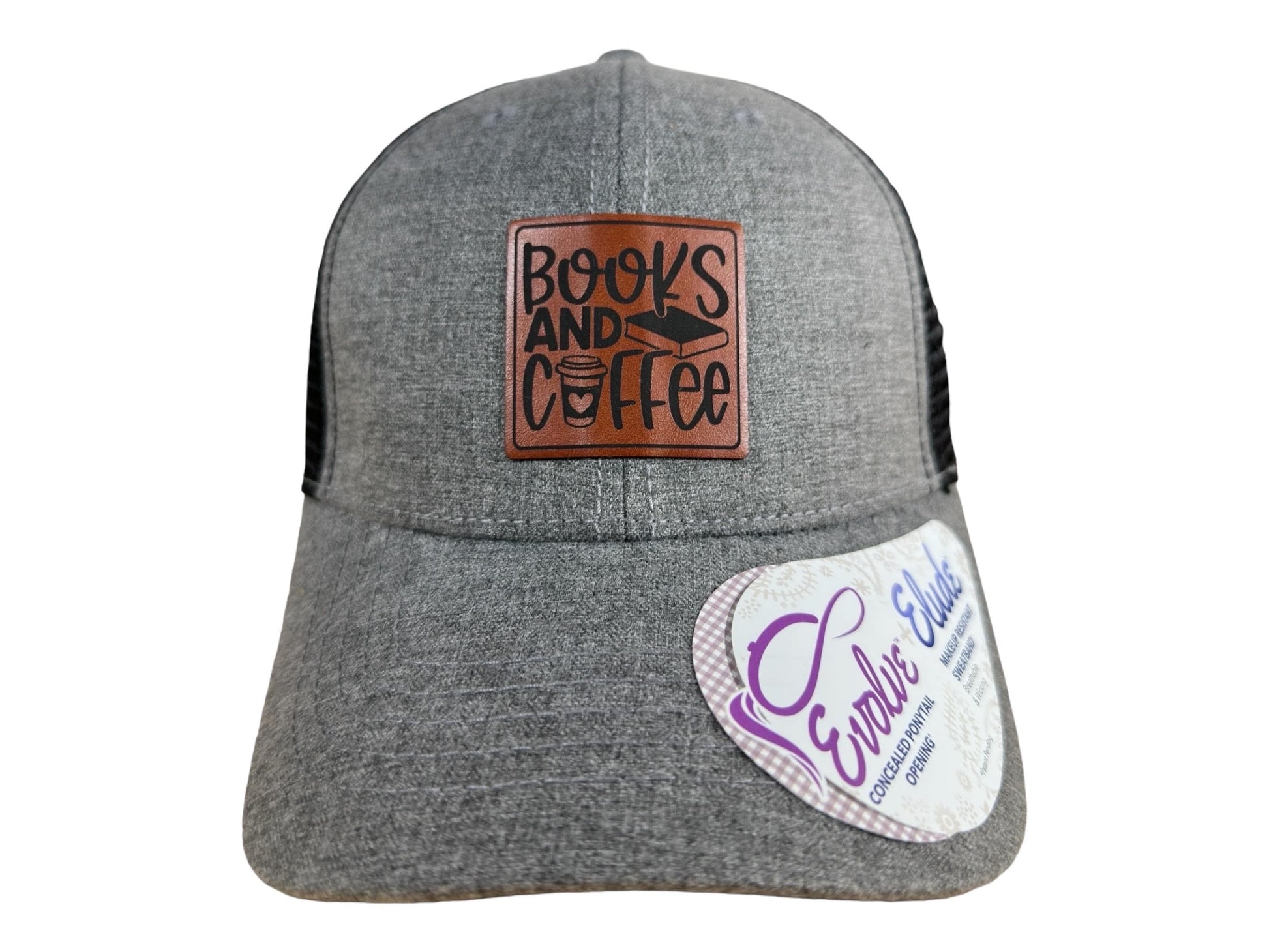 Books and Coffee Hat | Engraved Leatherette Trucker | Women's Bookstore Snapback