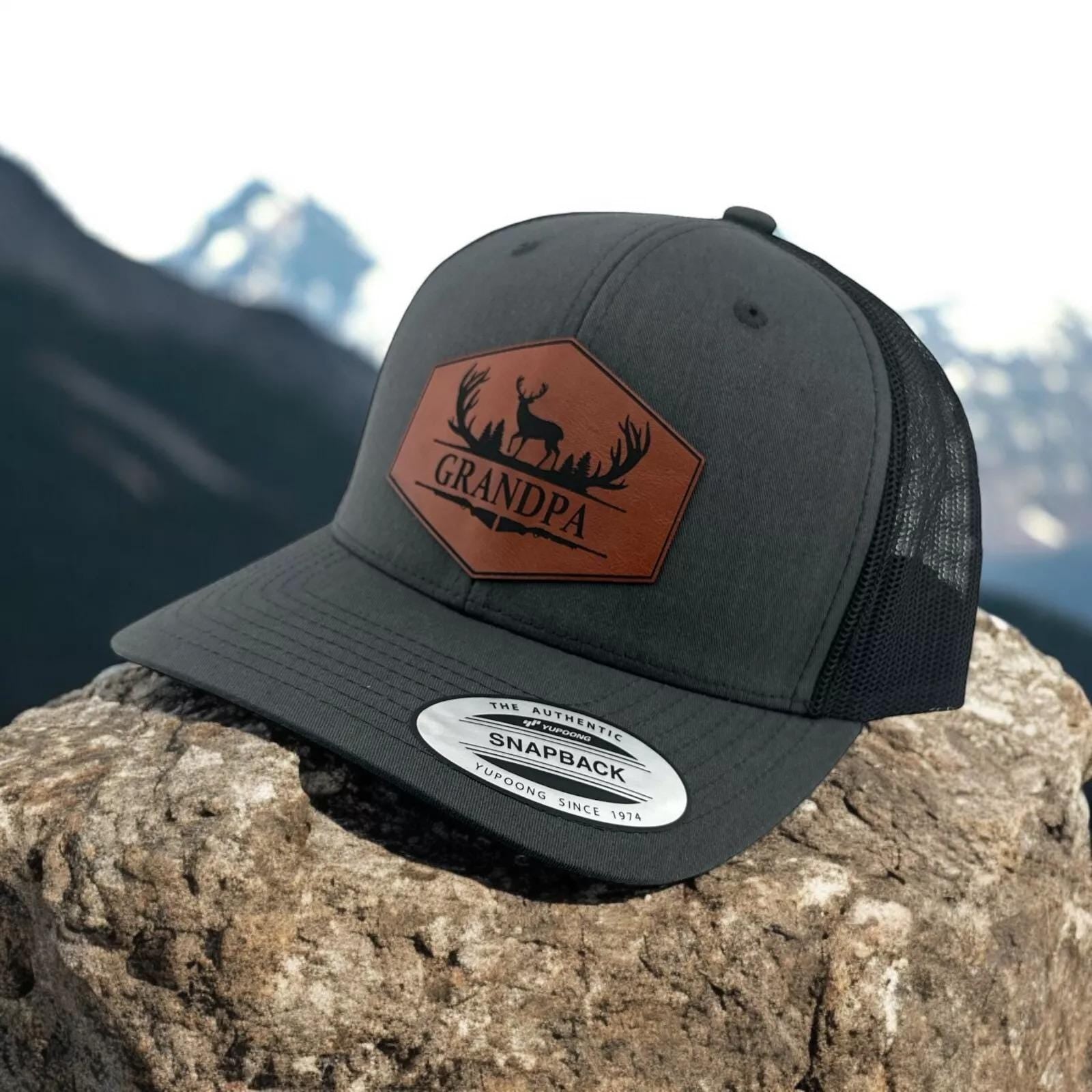 Personalized Grandpa Dad Pops Papaw Hunting Snapback Hat With Leather Patch