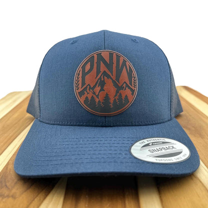 Pacific Northwest Mountain Engraved Leatherette Hat - PNW Mountain Outdoor Snapback